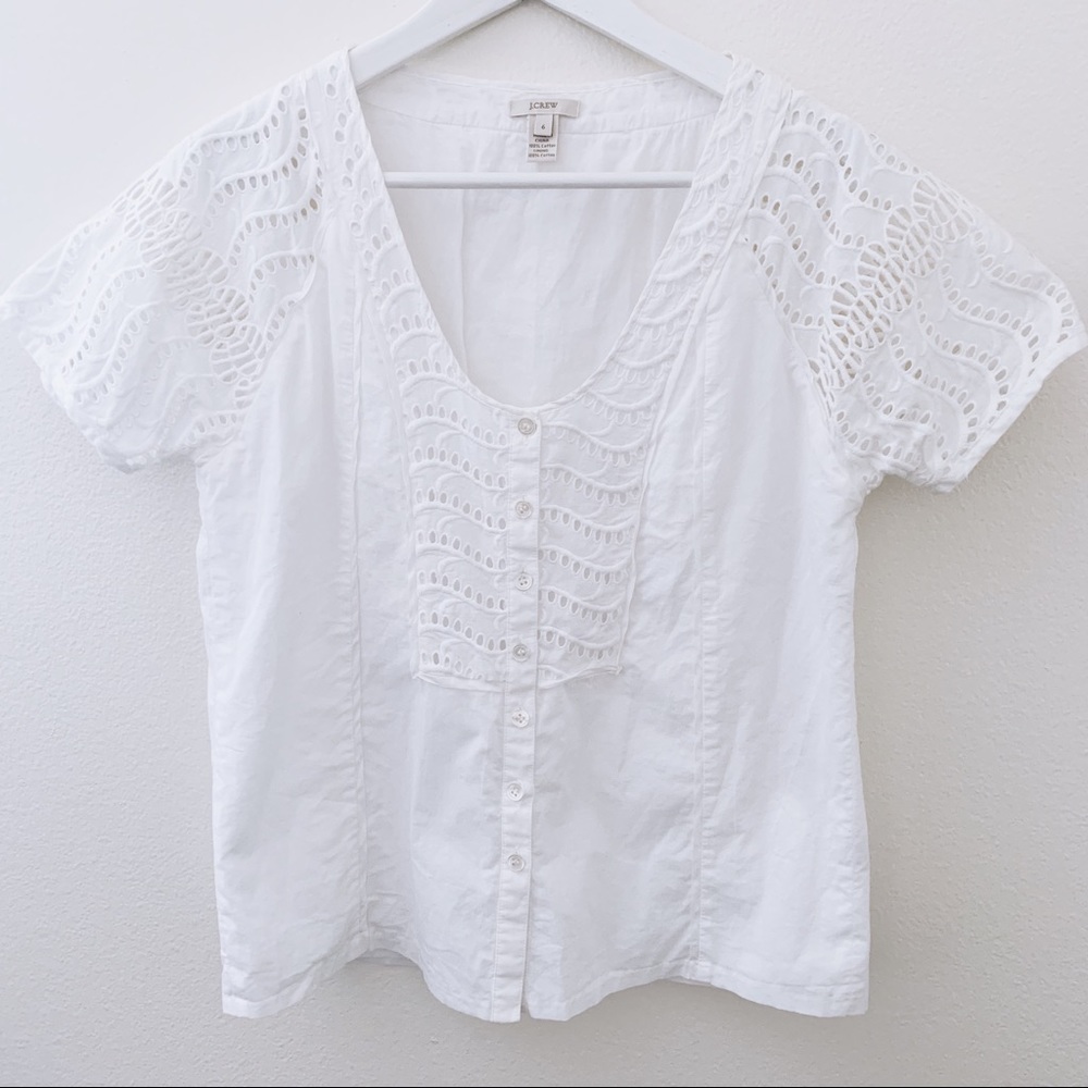 J Crew Eyelet Laser Cut Lace White Button Blouse